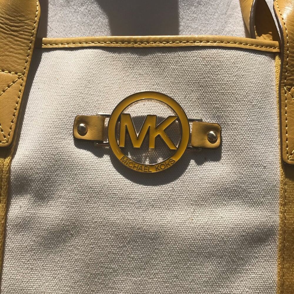 Michael Kors tan and yellow with MK emblem canvas tote - Picture 2 of 5
